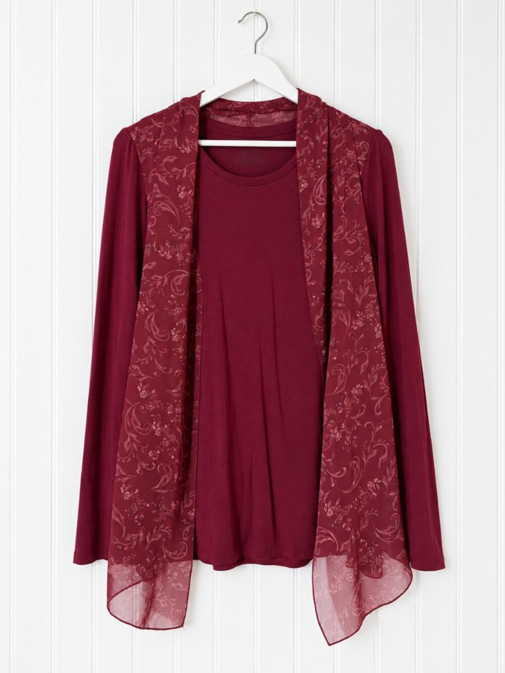 Investments Sheer Overlay Knit Top Burgundy Long Sleeve Size Medium